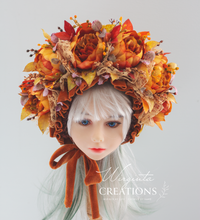 Load image into Gallery viewer, Flower Bonnet for 12-24 Months Old - Burnt Orange Colour - Handmade - Boho - Artificial Flower Headpiece - Photo Prop
