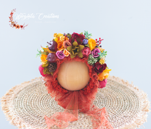 Load image into Gallery viewer, Newborn, 0-3 Months Old Flower Bonnet Photography Prop - Burnt Orange, Red