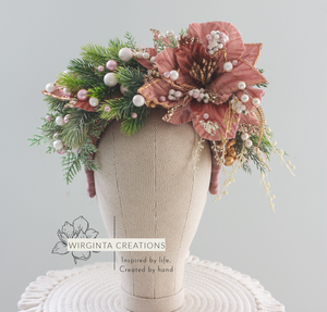Christmas-Winter Flower Headpiece for Older Children and Adults - Festive Crown - Colours: Mauve, Green, White, Gold - Ready to Send