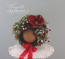 Load image into Gallery viewer, Christmas Flower Bonnet for 6–24 Months Olds - Handmade Poinsettias Headpiece - Bonnet&#39;s Colours: Green, Red, White - Photography Prop
