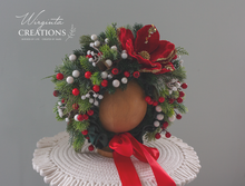 Load image into Gallery viewer, Christmas Flower Bonnet for 6–24 Months Olds - Handmade Poinsettias Headpiece - Bonnet&#39;s Colours: Green, Red, White - Photography Prop