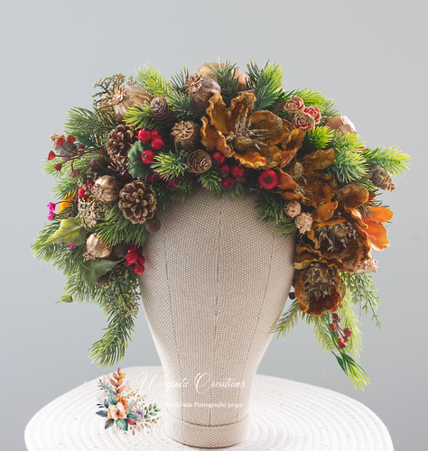 Artificial Christmas Floral Crown – Photography Prop for Adults and Older Children. Colours used in a headpiece are: Gold, greens, reds, browns. Wirginta Creations - the creator.