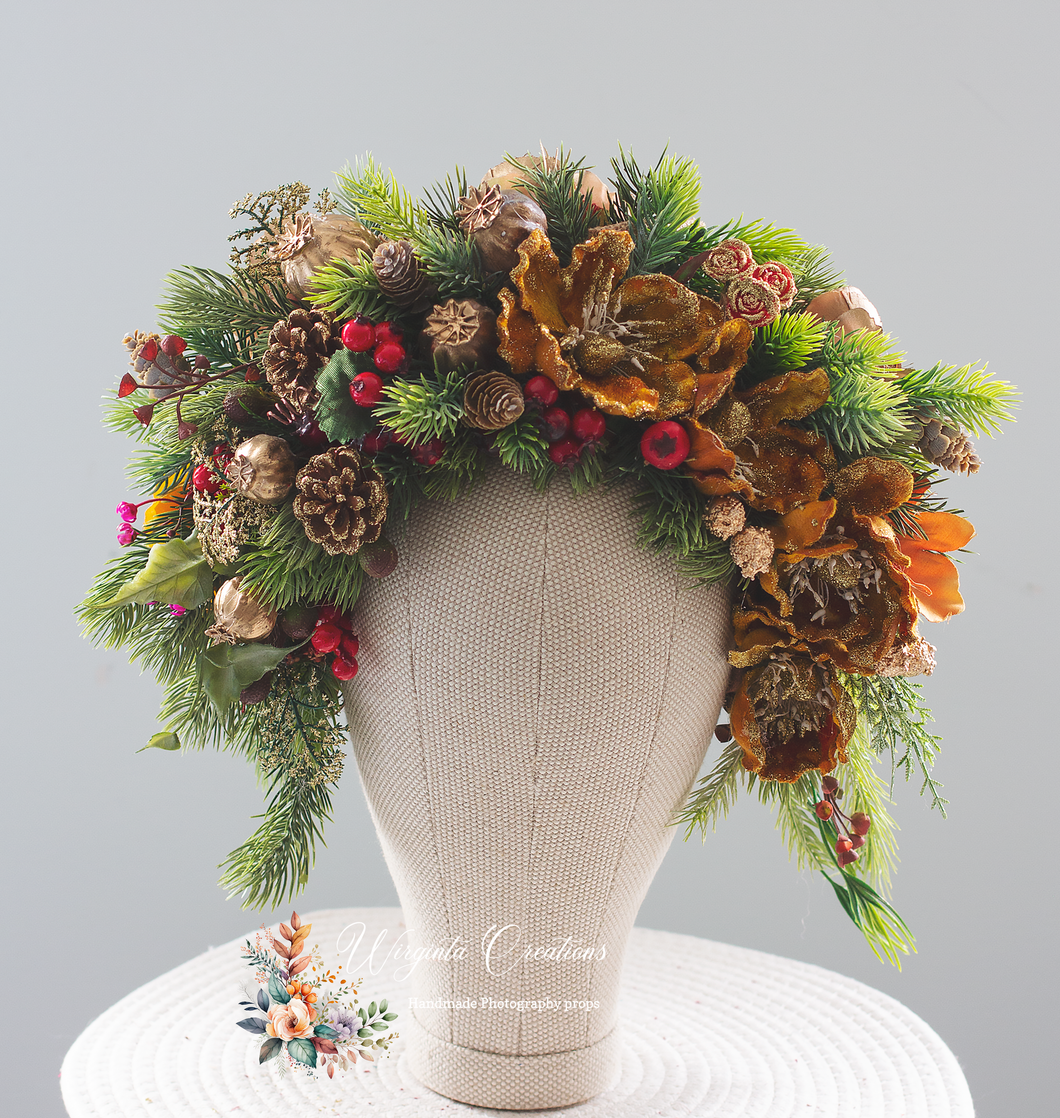 Artificial Christmas Floral Crown – Photography Prop for Adults and Older Children. Colours used in a headpiece are: Gold, greens, reds, browns. Wirginta Creations - the creator.