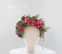 Load image into Gallery viewer, Red, Silver, Green Headpiece | Christmas Photography Crown | Artificial Flowers and Berries for Adults