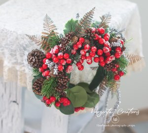 Red, Silver, Green Headpiece | Christmas Photography Crown | Artificial Flowers and Berries for Adults