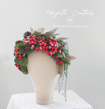 Load image into Gallery viewer, Red, Silver, Green Headpiece | Christmas Photography Crown | Artificial Flowers and Berries for Adults