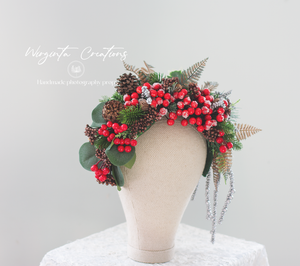 Red, Silver, Green Headpiece | Christmas Photography Crown | Artificial Flowers and Berries for Adults
