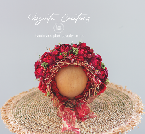 Newborn, 0-3 Months Old Christmas Flower Bonnet Photography Prop - Burgundy, Red