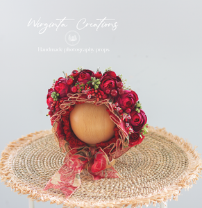 Newborn, 0-3 Months Old Christmas Flower Bonnet Photography Prop - Burgundy, Red