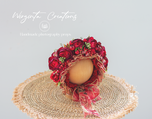 Newborn, 0-3 Months Old Christmas Flower Bonnet Photography Prop - Burgundy, Red