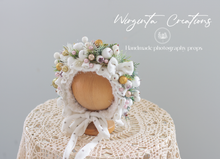 Load image into Gallery viewer, Newborn, 0-3 Months Old Christmas Flower Bonnet Photography Prop - White, Gold