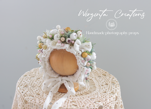 Newborn, 0-3 Months Old Christmas Flower Bonnet Photography Prop - White, Gold