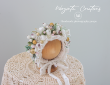 Load image into Gallery viewer, Newborn, 0-3 Months Old Christmas Flower Bonnet Photography Prop - White, Gold