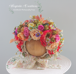 Flower Bonnet for 6-24 Months Old - Colourful - Handmade - Artificial Flower Headpiece - Photo Prop