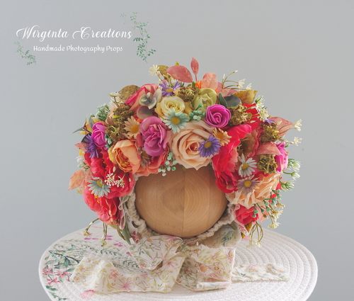 Colourful flower bonnet on wooden stand, floral tie, children photography prop, Wirginta Creations the creator