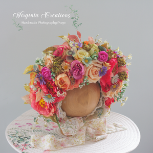 Flower Bonnet for 6-24 Months Old - Colourful - Handmade - Artificial Flower Headpiece - Photo Prop