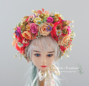 Flower Bonnet for 6-24 Months Old - Colourful - Handmade - Artificial Flower Headpiece - Photo Prop