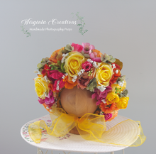 Load image into Gallery viewer, Flower Bonnet for 6-24 Months Old - Colourful - Handmade - Artificial Flower Headpiece - Photo Prop