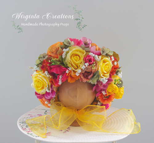 Colourful flower bonnet on wooden stand, tulle yellow tie, photography prop for 6-24 months old, created by Wirginta Creations