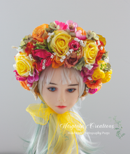 Load image into Gallery viewer, Flower Bonnet for 6-24 Months Old - Colourful - Handmade - Artificial Flower Headpiece - Photo Prop