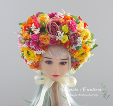 Load image into Gallery viewer, Flower Bonnet for 6-24 Months Old - Colourful - Handmade - Artificial Flower Headpiece - Photo Prop