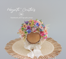 Load image into Gallery viewer, Colourful Flower Bonnet for Newborns (0-3 Months) - Photography Headpiece