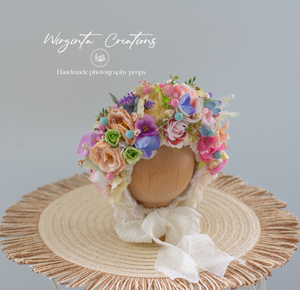 Colourful Flower Bonnet for Newborns (0-3 Months) - Photography Headpiece