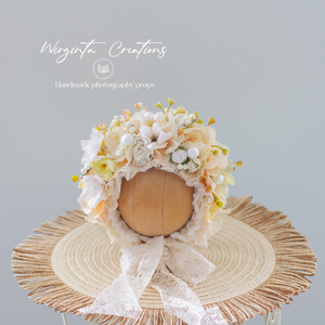 Newborn, 0-3 Months Old Flower Bonnet Photography Prop - Beige, Cream, White