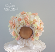 Load image into Gallery viewer, Cream, Peach flower bonnet for 12-24 months old, photography prop, Flower headpiece