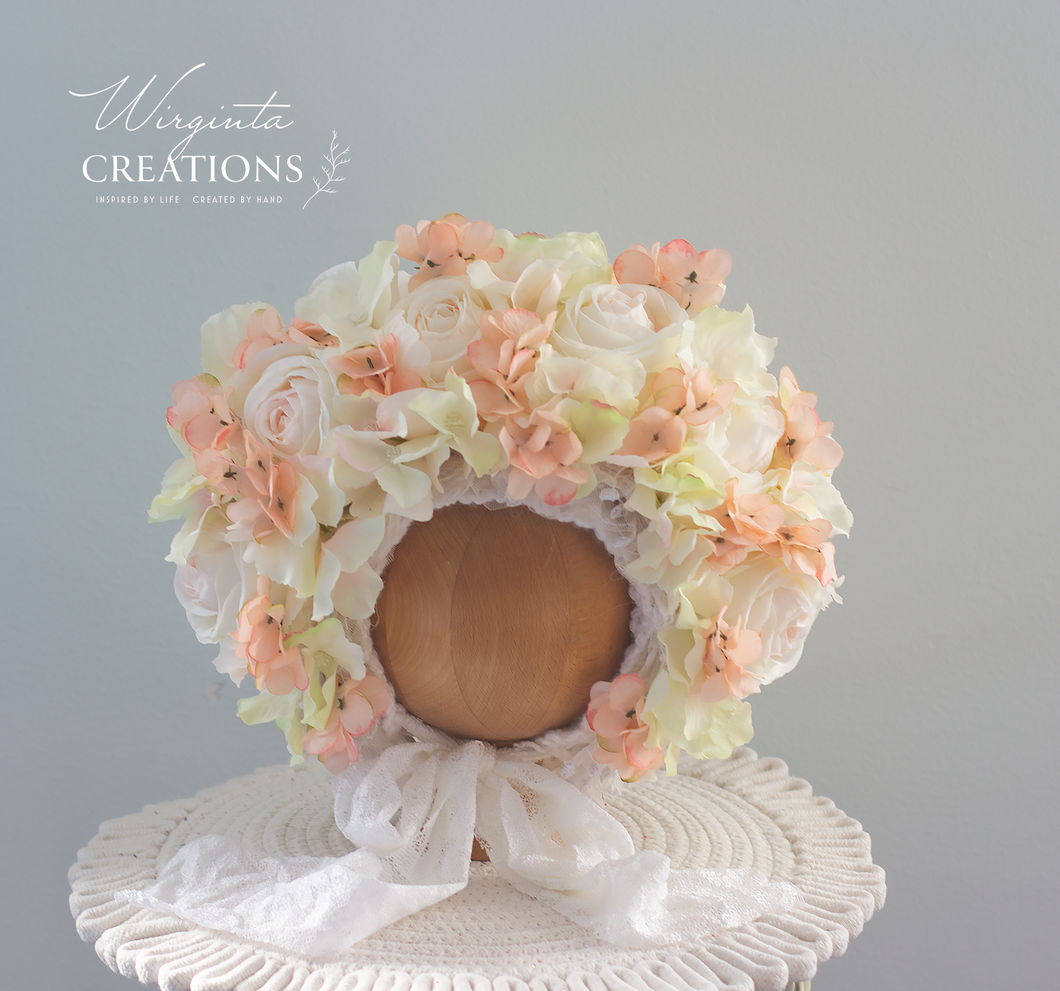 Cream, Peach flower bonnet for 12-24 months old, photography prop, Flower headpiece