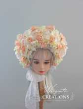 Load image into Gallery viewer, Flower Bonnet for 12-24 Months - Cream, Peach Colour - Handmade - Artificial Flower Headpiece - Photo Prop