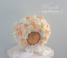 Load image into Gallery viewer, Flower Bonnet for 12-24 Months - Cream, Peach Colour - Handmade - Artificial Flower Headpiece - Photo Prop