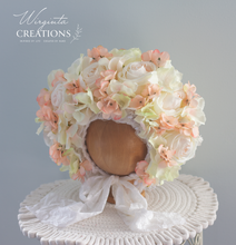 Load image into Gallery viewer, Flower Bonnet for 12-24 Months - Cream, Peach Colour - Handmade - Artificial Flower Headpiece - Photo Prop