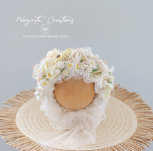 Load image into Gallery viewer, Newborn, 0-3 Months Old Flower Bonnet Photography Prop - White, Cream