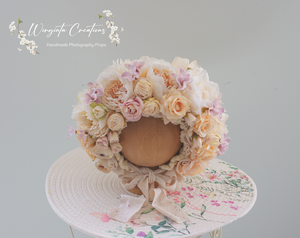 Flower Bonnet for 6-18 Months - Beige, Cream Colour - Handmade - Artificial Flower Headpiece - Photo Prop