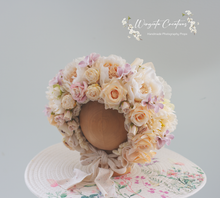 Load image into Gallery viewer, Flower Bonnet for 6-18 Months - Beige, Cream Colour - Handmade - Artificial Flower Headpiece - Photo Prop