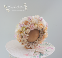 Load image into Gallery viewer, Flower Bonnet for 6-18 Months - Beige, Cream Colour - Handmade - Artificial Flower Headpiece - Photo Prop