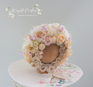 Flower Bonnet for 6-18 Months - Beige, Cream Colour - Handmade - Artificial Flower Headpiece - Photo Prop