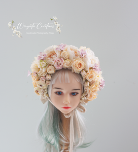 Flower Bonnet for 6-18 Months - Beige, Cream Colour - Handmade - Artificial Flower Headpiece - Photo Prop