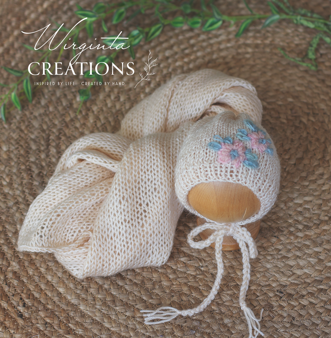 Wrap and Bonnet Set - Newborn - Cream Colour - Handmade - Ready to Send - Photography Prop