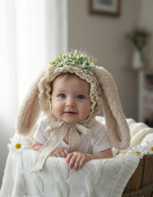 Load image into Gallery viewer, Handmade Cream and Light Green Tattered Bunny Bonnet - Photography Prop for 6–24 Months - Easter