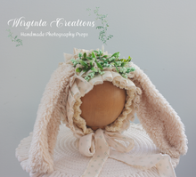 Load image into Gallery viewer, Handmade Cream and Light Green Tattered Bunny Bonnet - Photography Prop for 6–24 Months - Easter