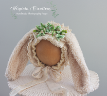 Load image into Gallery viewer, Handmade Cream and Light Green Tattered Bunny Bonnet - Photography Prop for 6–24 Months - Easter