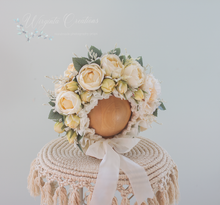 Load image into Gallery viewer, Cream Flower Bonnet for 6-24 Months Old | Photography Prop | Artificial Flower Headpiece