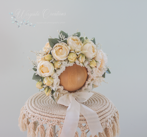 Cream Flower Bonnet for 6-24 Months Old | Photography Prop | Artificial Flower Headpiece