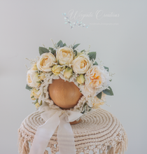 Load image into Gallery viewer, Cream Flower Bonnet for 6-24 Months Old | Photography Prop | Artificial Flower Headpiece