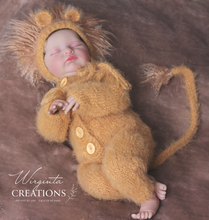 Load image into Gallery viewer, Handmade Lion-Themed Newborn Photography Outfit - Dark Yellow Knitted Footless Romper with Tail and Bonnet - Jungle-Inspired Photo Prop Set