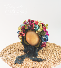 Load image into Gallery viewer, Flower Bonnet for Newborns (0-3 Months) - Photography Headpiece - Dark Green, Burgundy Colour - Photo Prop