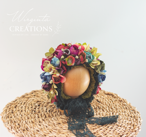 Flower Bonnet for Newborns (0-3 Months) - Photography Headpiece - Dark Green, Burgundy Colour - Photo Prop