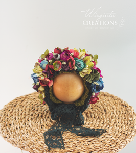 Flower Bonnet for Newborns (0-3 Months) - Photography Headpiece - Dark Green, Burgundy Colour - Photo Prop